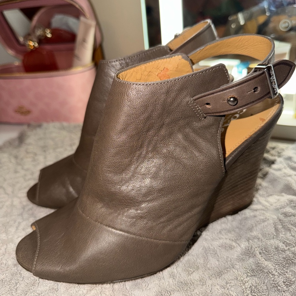 Coach Lindsay Leather Peep-Toe Wedge Sandals in Brown